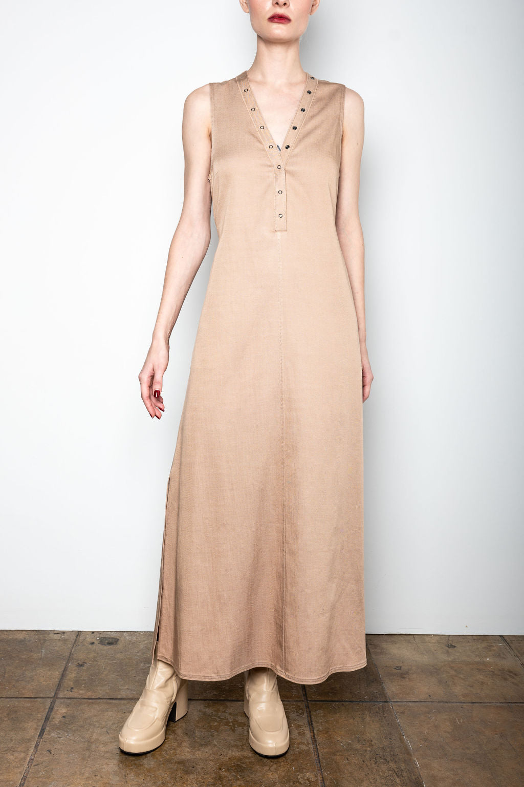 Valley Eco Denim V Neck Long Dress Small / Almond