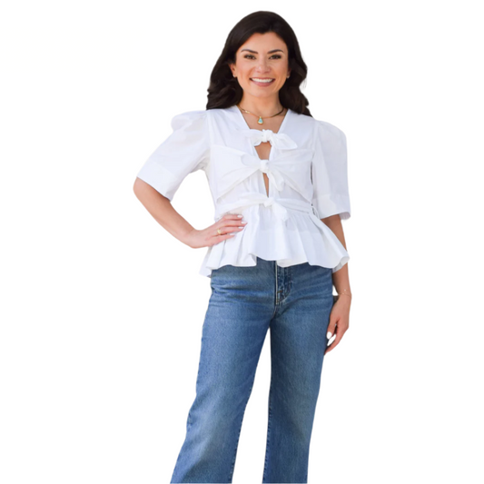 Washed Stretch Cotton Tie Strap Blouse