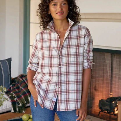 Eileen Relaxed Button-Up | Cream, Wine, Brown Plaid