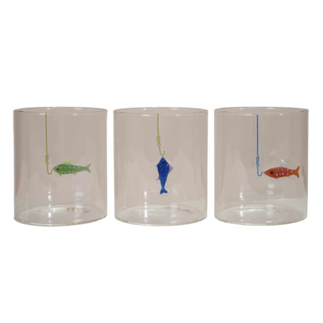 Hand-Blown Drinking Glass with Fish On Hook