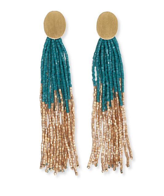 Mae Oval Brass Post 2-Color Beaded Tassel Earrings