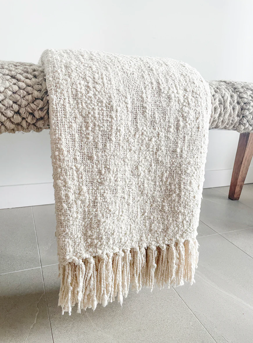 Cozy Cotton Grey Boucle Throw with Fringe