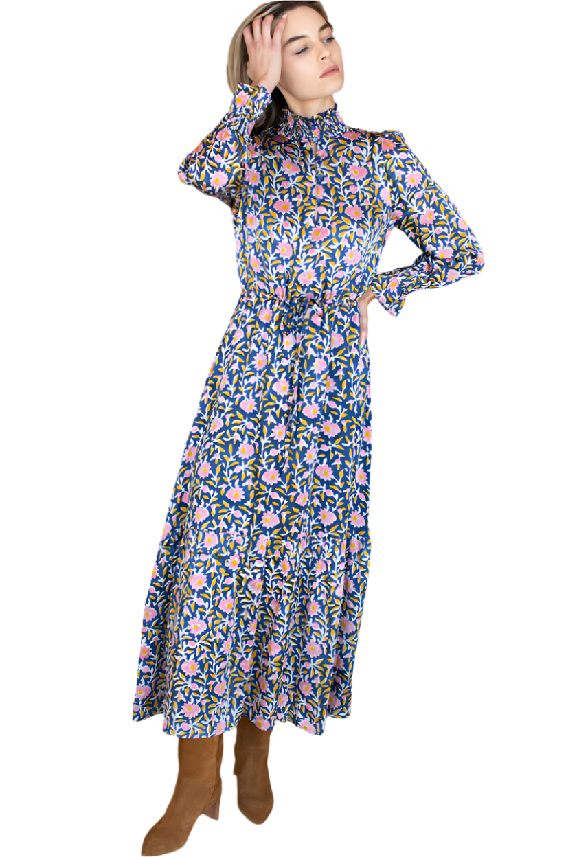blue chrysanthemum satin lucybella maxi dress 2 Satin Ruffle Slit Maxi Dress in Light Blue