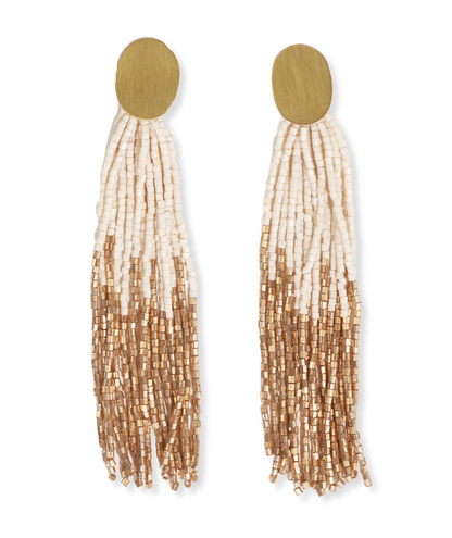 Mae Oval Brass Post 2-Color Beaded Tassel Earrings