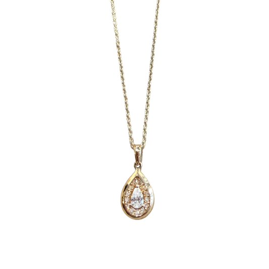 Pear Diamond with Diamond Halo in Solid Gold Bezel Pendant Necklace