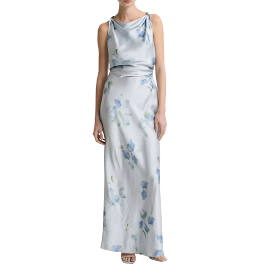 Petal Blur Twist Shoulder Cowl Neck Dress