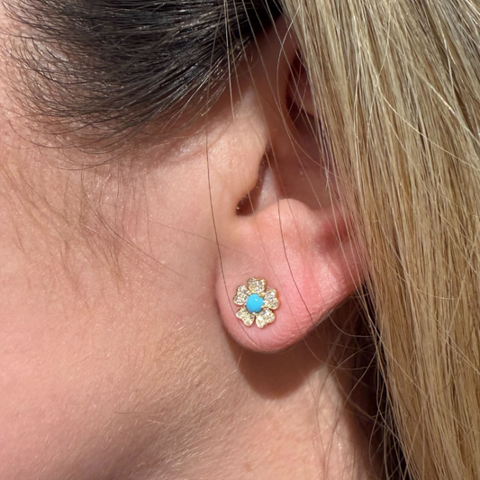 Diamond and Turquoise Flower Stud