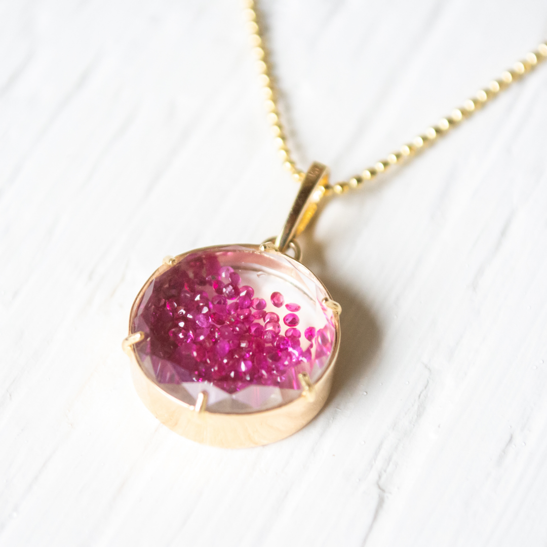 Ruby Shaker Charm Necklace with Diamond Cut Ball Chain