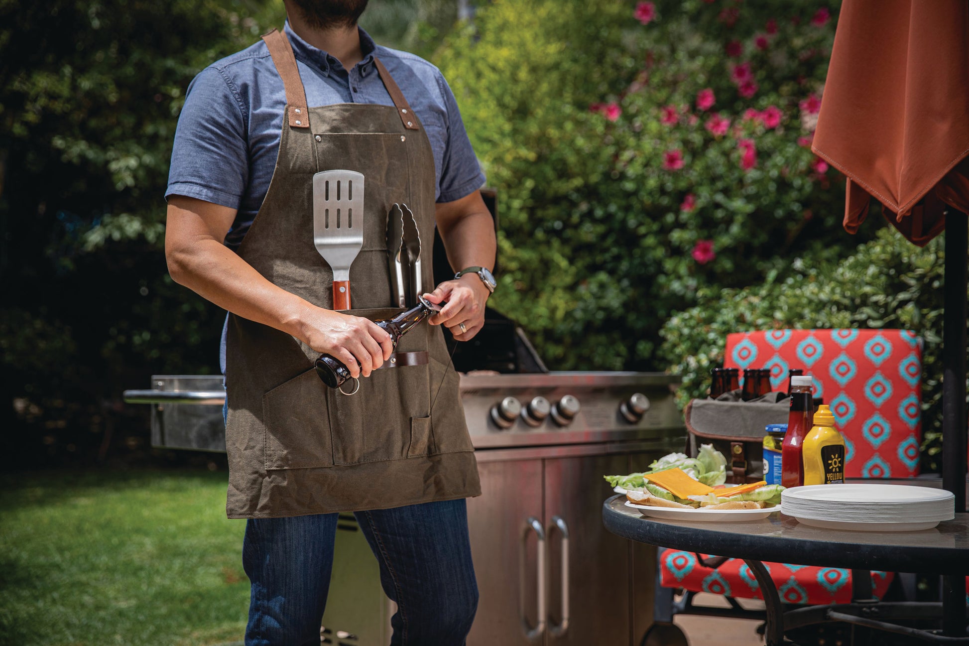 BBQ Apron with Tools & Bottle Opener - Khaki Green