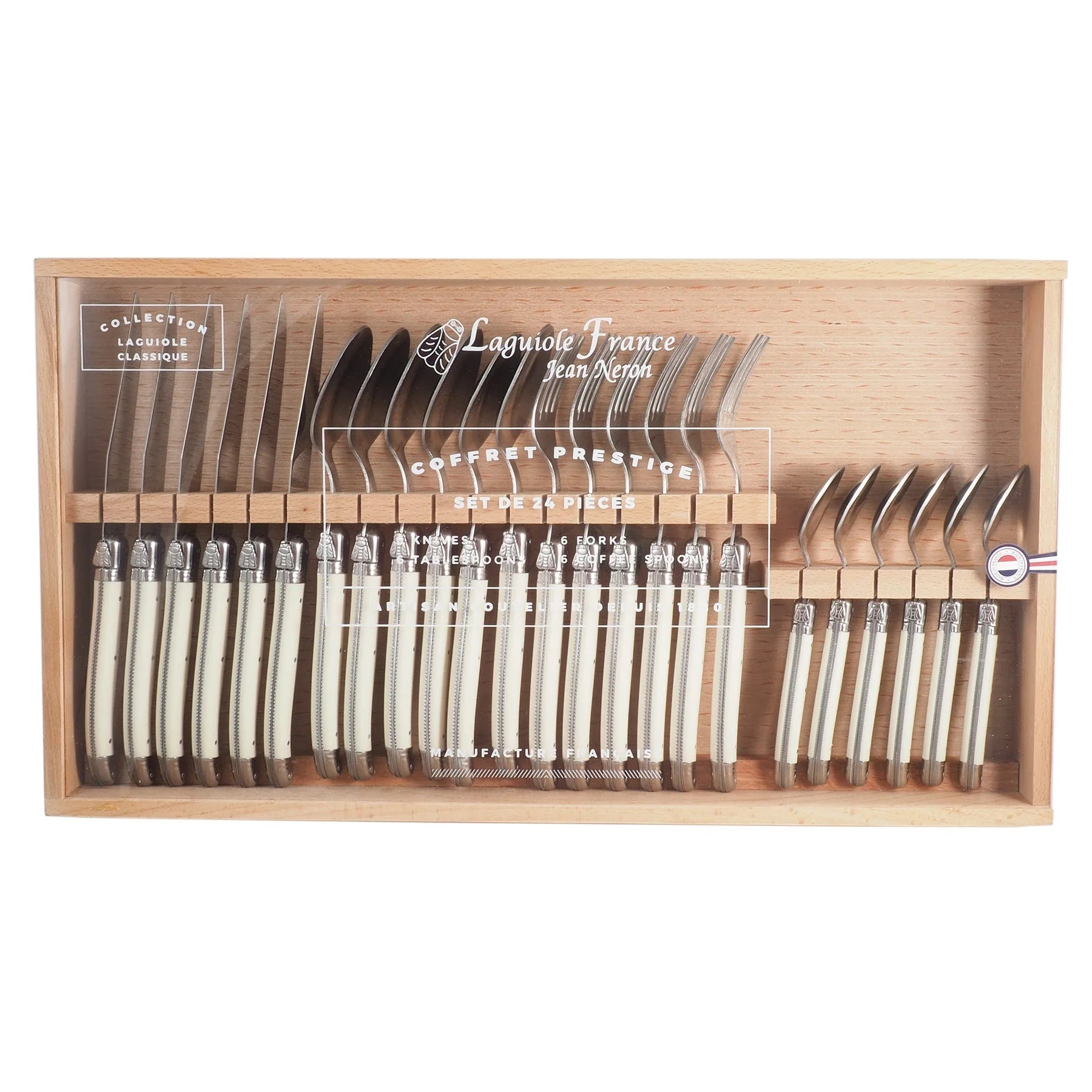Laguiole 24 Piece Flatware Set - Ivory in Wood Box with Acrylic Lid