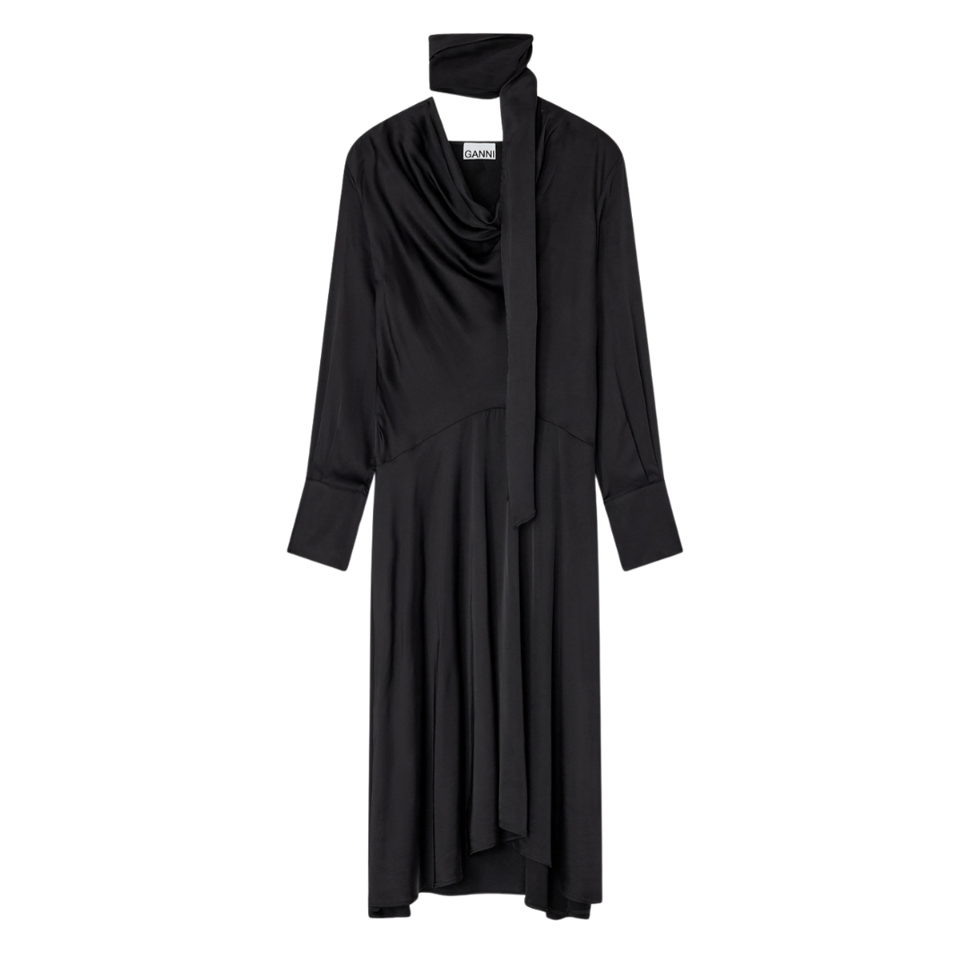 Solid Stretch Satin Cowl Scarf Midi Dress