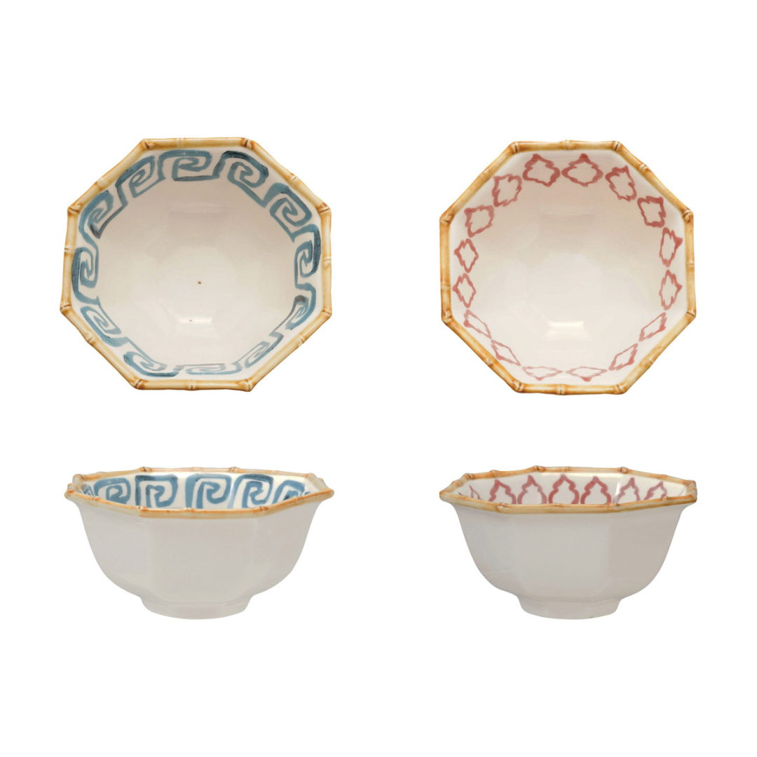Hand-Painted Stoneware Octagon Shaped Bowl with Pattern & Bamboo Style Rim