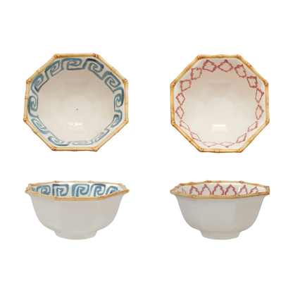 Hand-Painted Stoneware Octagon Shaped Bowl with Pattern & Bamboo Style Rim