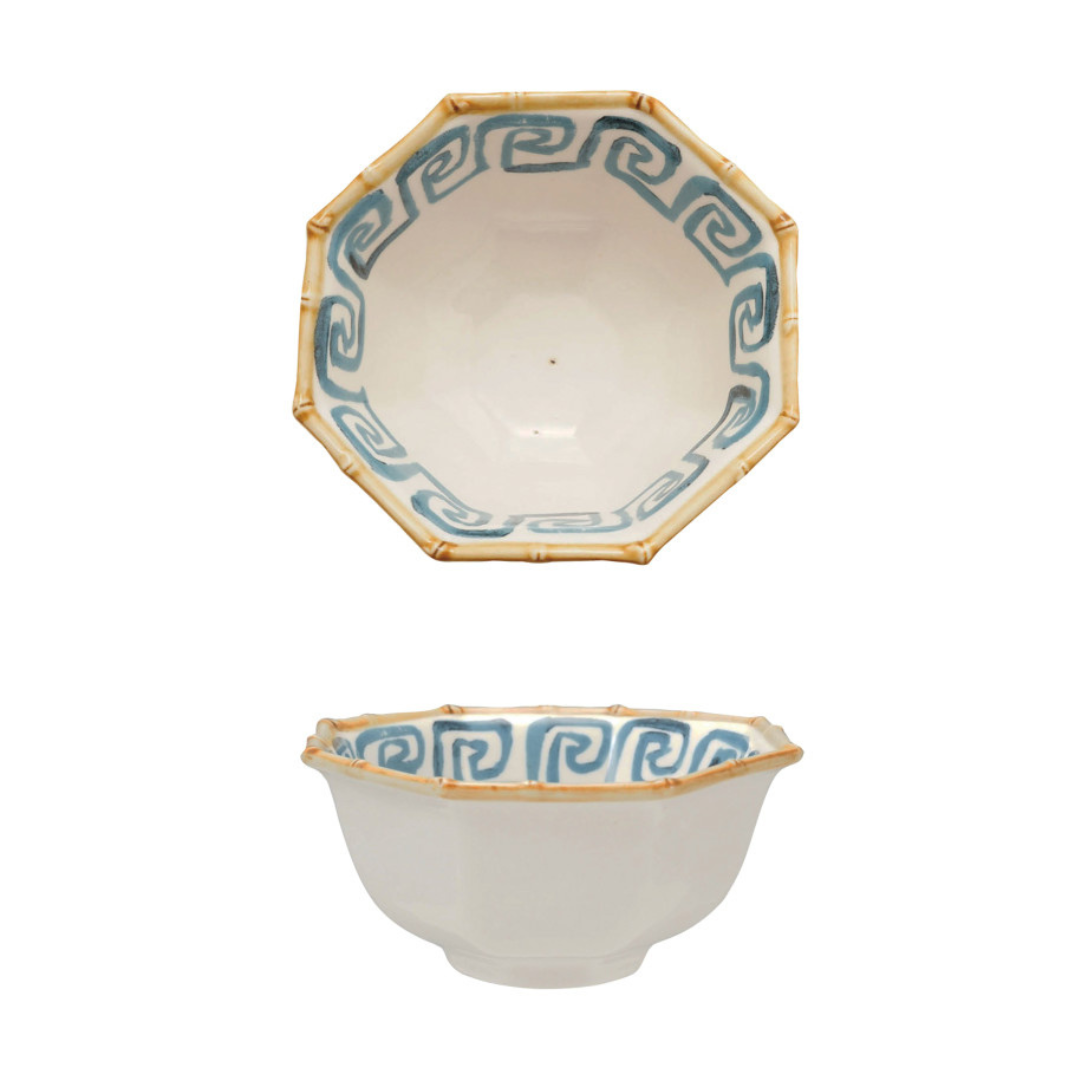 Hand-Painted Stoneware Octagon Shaped Bowl with Pattern & Bamboo Style Rim