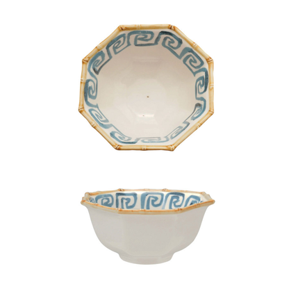 Hand-Painted Stoneware Octagon Shaped Bowl with Pattern & Bamboo Style Rim