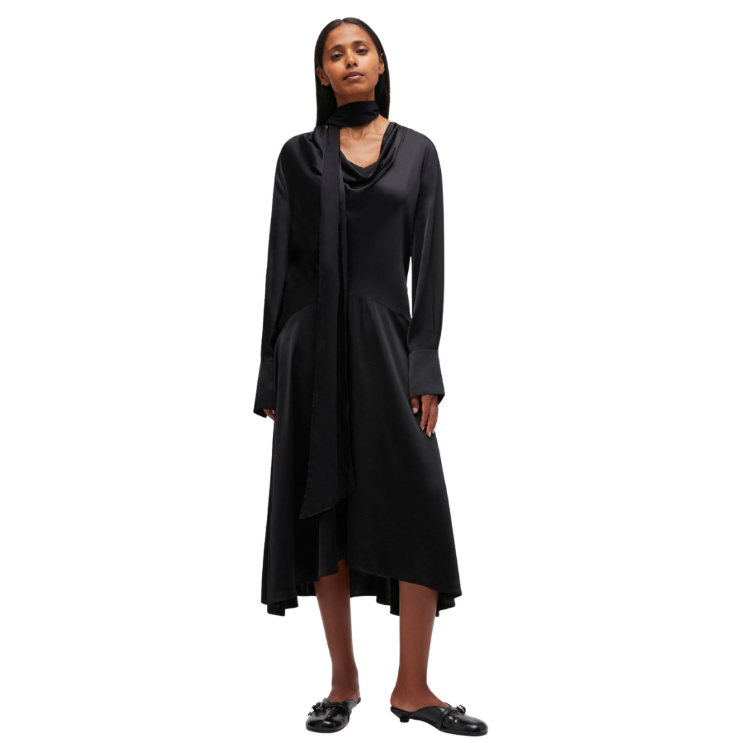 Solid Stretch Satin Cowl Scarf Midi Dress