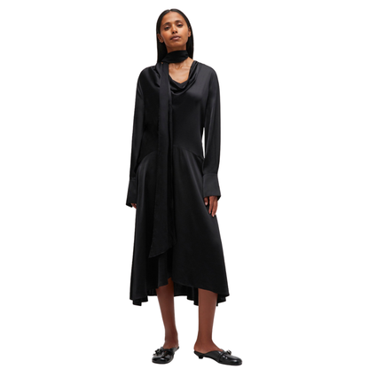 Solid Stretch Satin Cowl Scarf Midi Dress