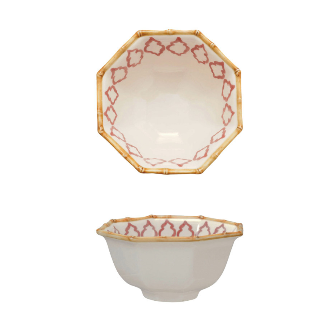 Hand-Painted Stoneware Octagon Shaped Bowl with Pattern & Bamboo Style Rim