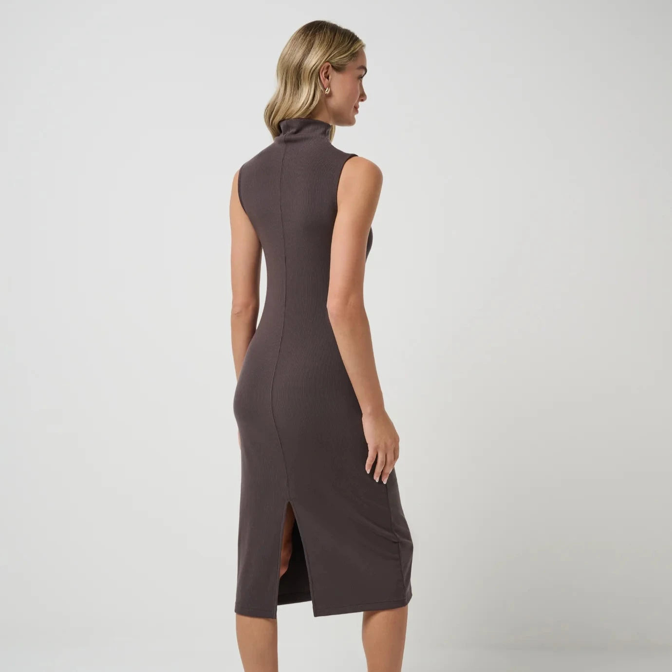 Cloud Rib Mock Neck Dress - Coffee Grounds