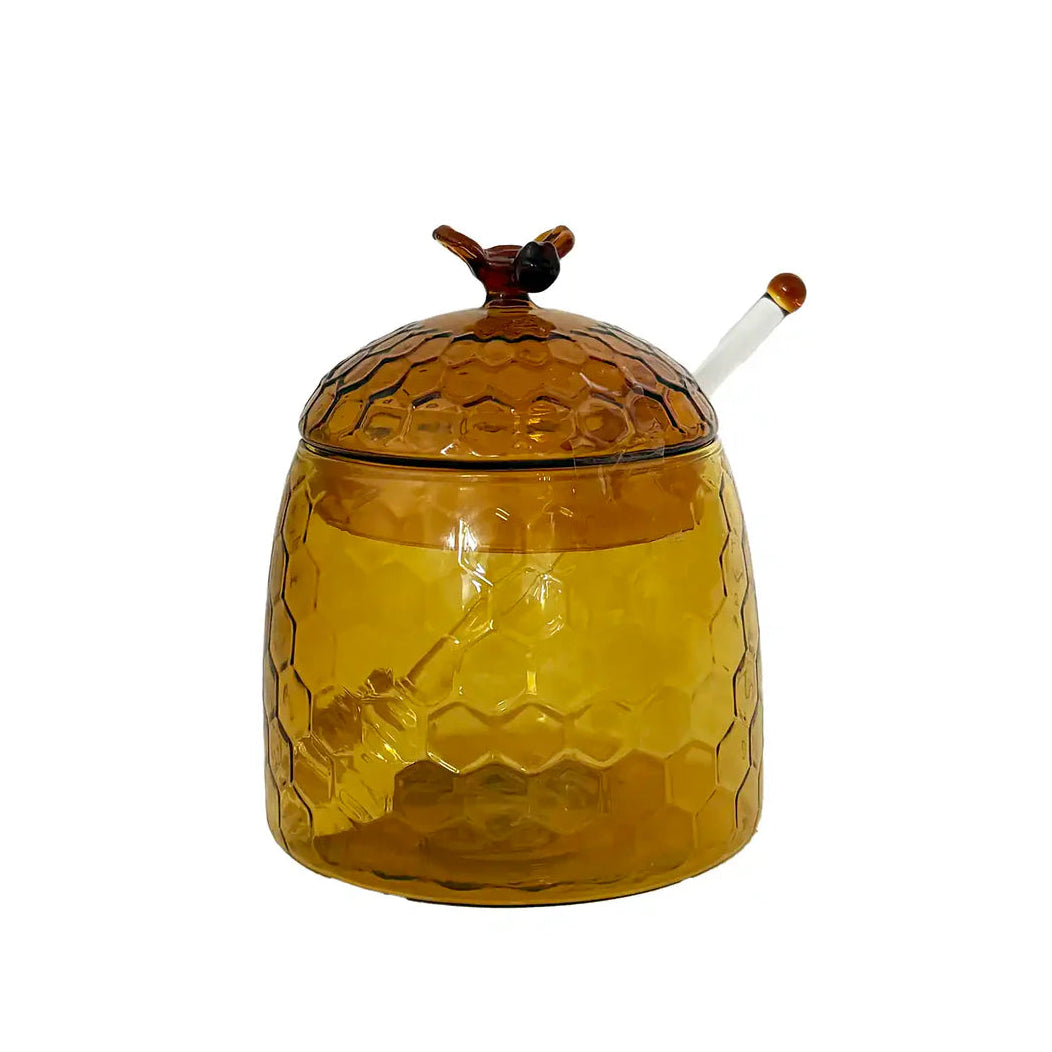 Glass Honey Jar w/ Bee Finial, Honey Dipper & Lid - Yellow & Amber