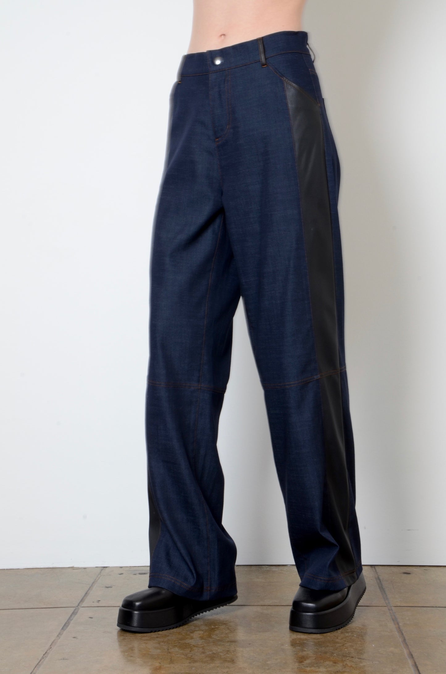 Eco Denim Parachute Pant with Vegan Leather