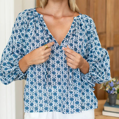 Folk Top - Heritage Blue Flowers Organic