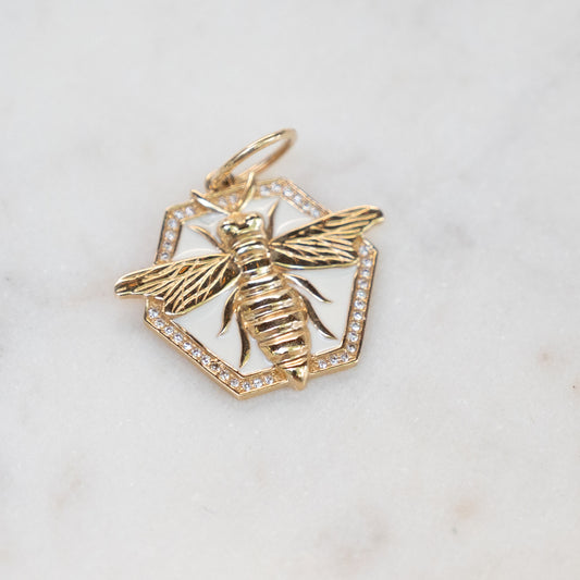 14k White Enamel Bee Pendant