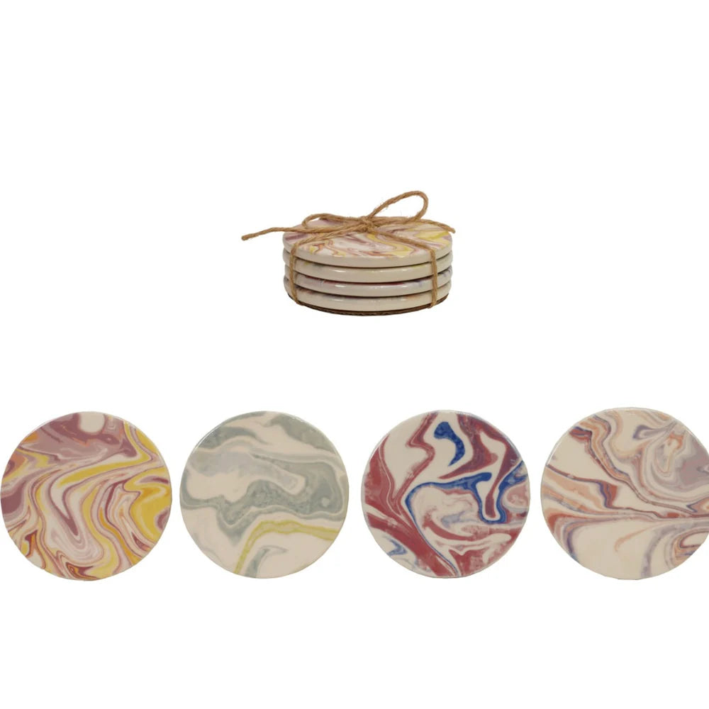 Stoneware Printed Coasters - Set of 4 Tied with Jute