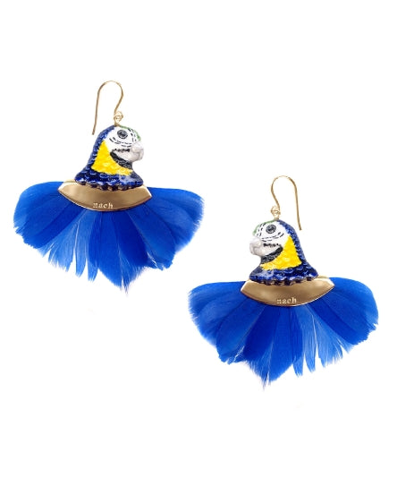 Bleu Parrot Head with Feather Earrings