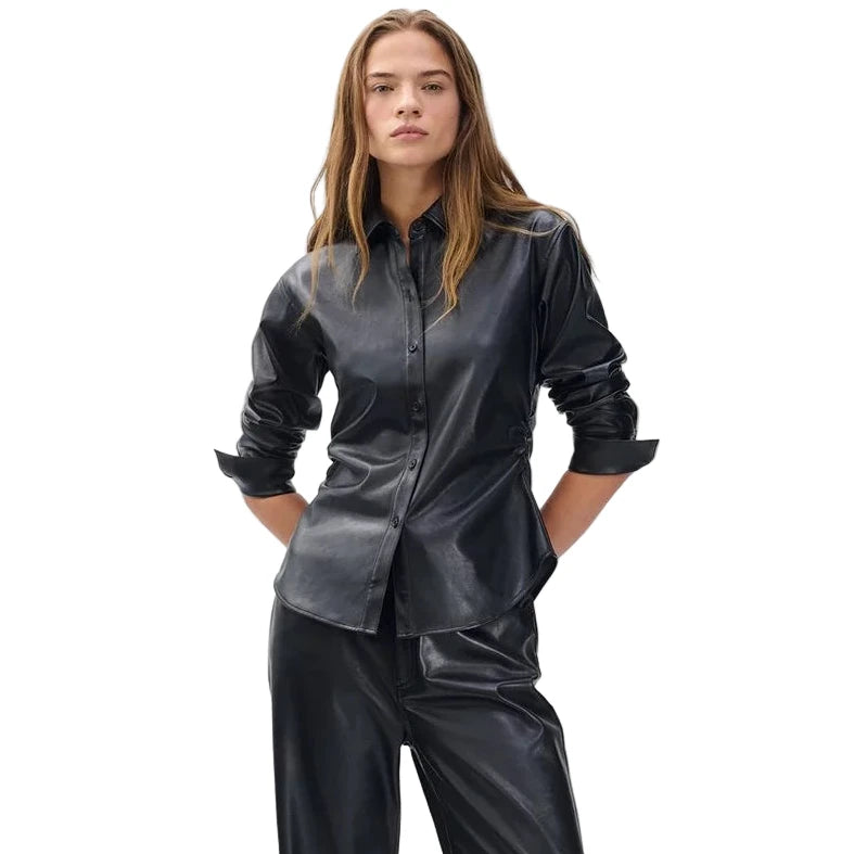 faux leather dress shirt rag & bone Leah Tops & Tees Casual Fitting Black Flare cinching belt and long fizz Size:NP16