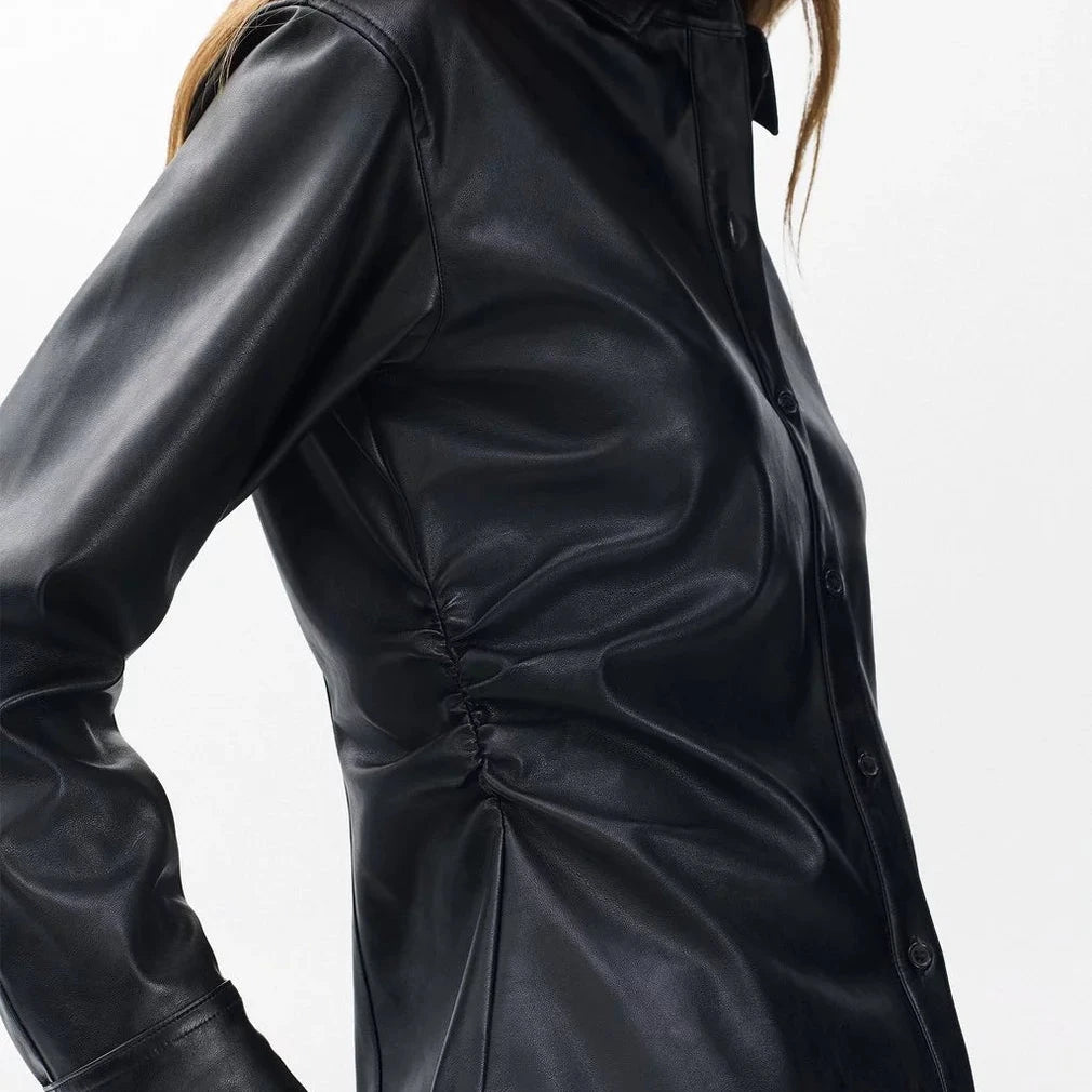 faux leather dress shirt Women's Faux Leather L/S Shirt Dress