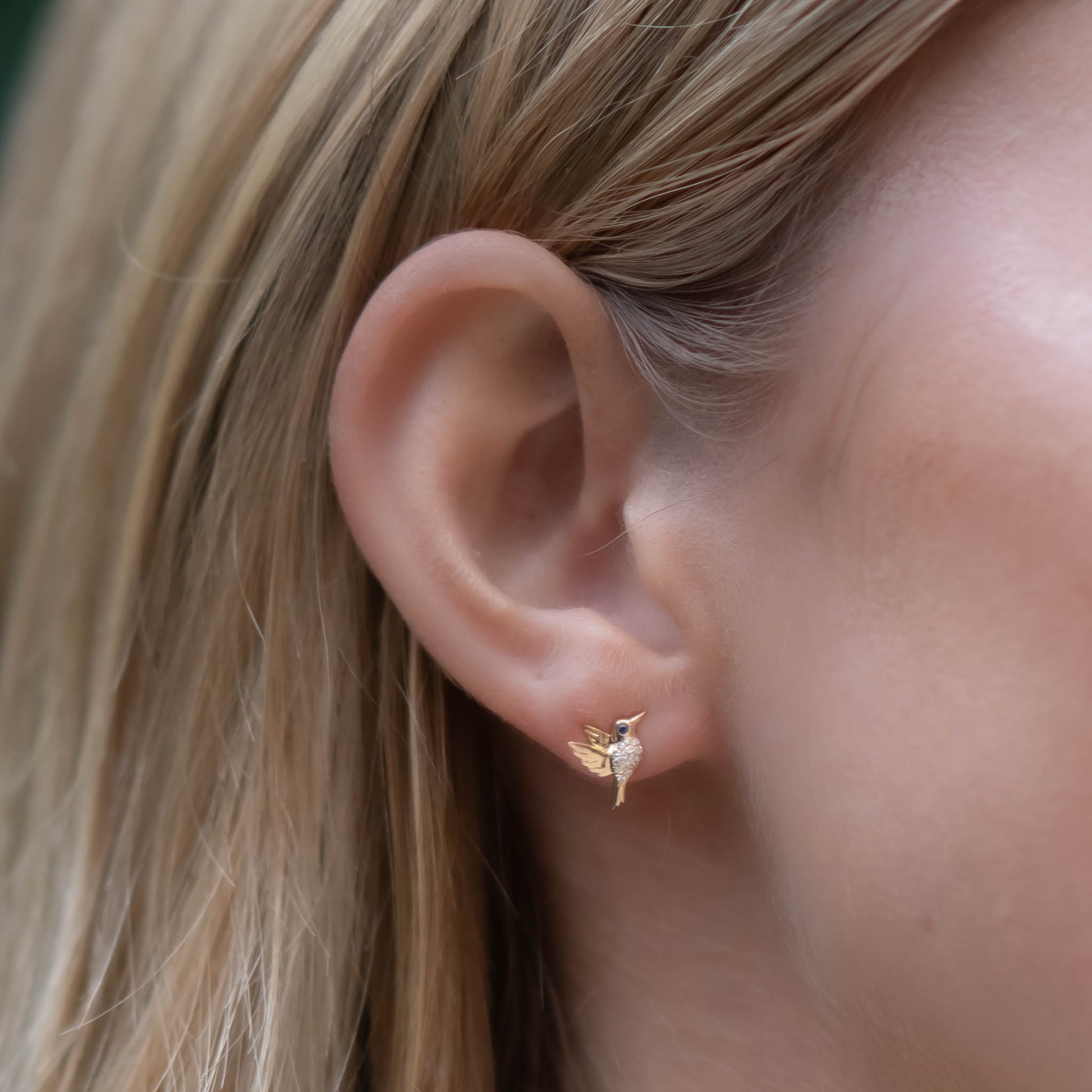 Pave Hummingbird Studs with Emerald Eyes