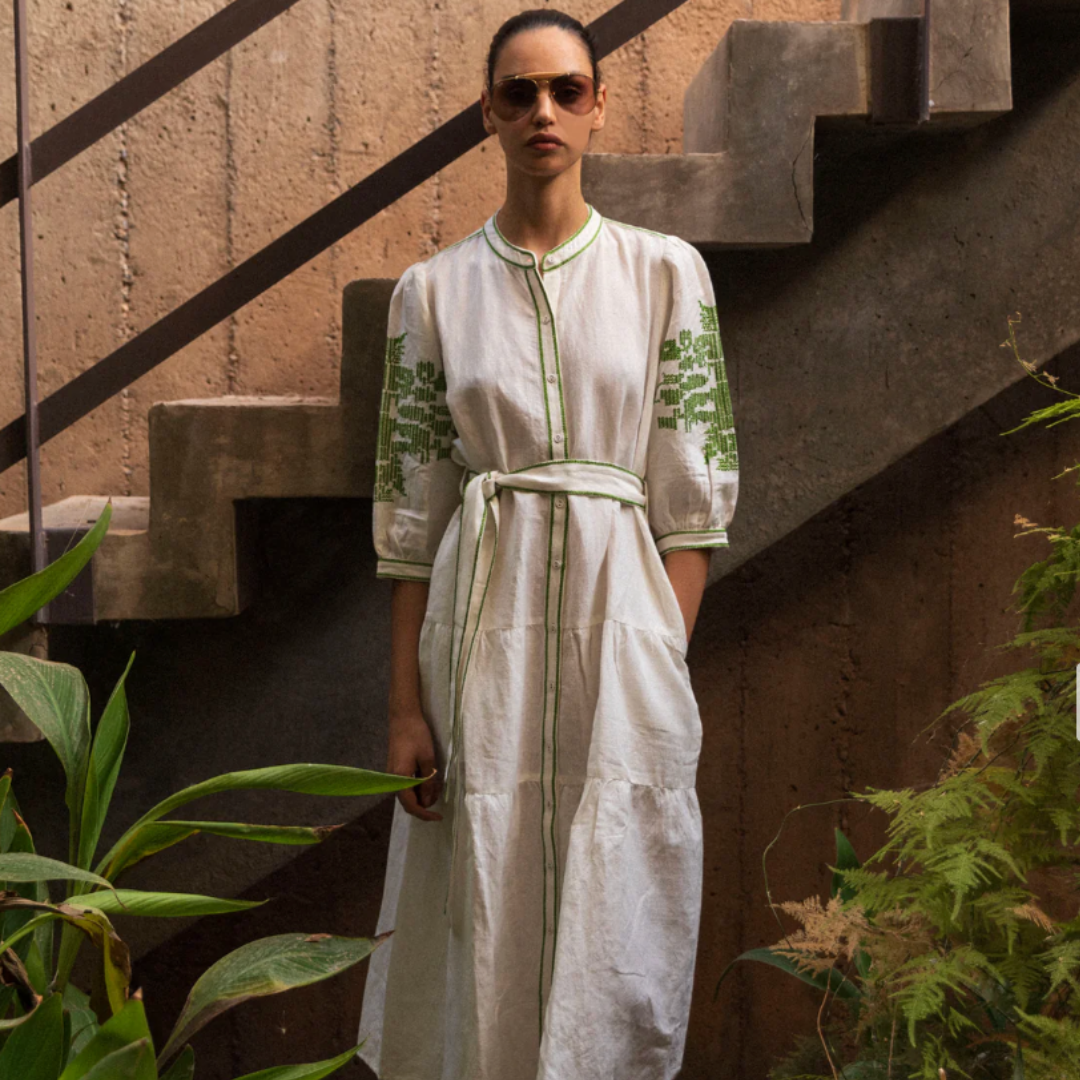Pine Dress - White with Olive