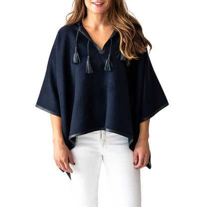 Leather Trim Baby Alpaca Poncho - Navy