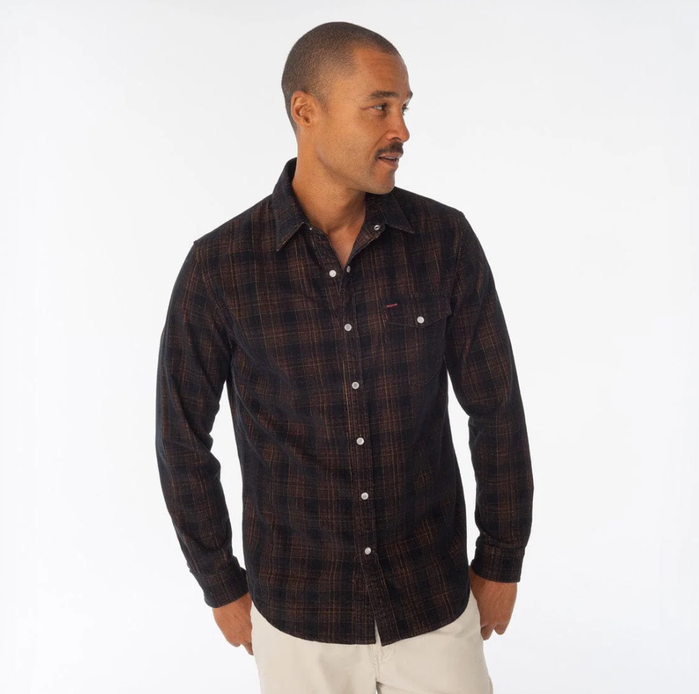 LS Corduroy Pearl Snap - Black Plaid