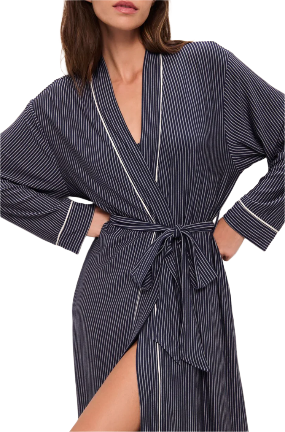 Gisele Printed Long Robe - Duo Stripe True Navy