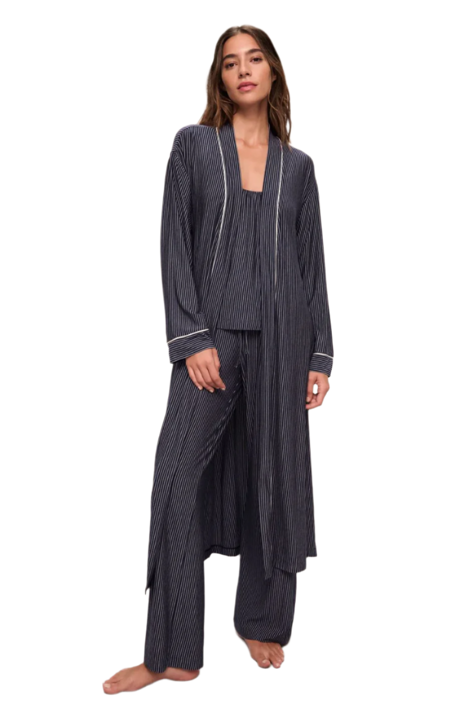 Gisele Printed Long Robe - Duo Stripe True Navy