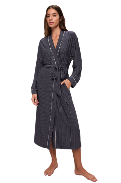 Gisele Printed Long Robe - Duo Stripe True Navy