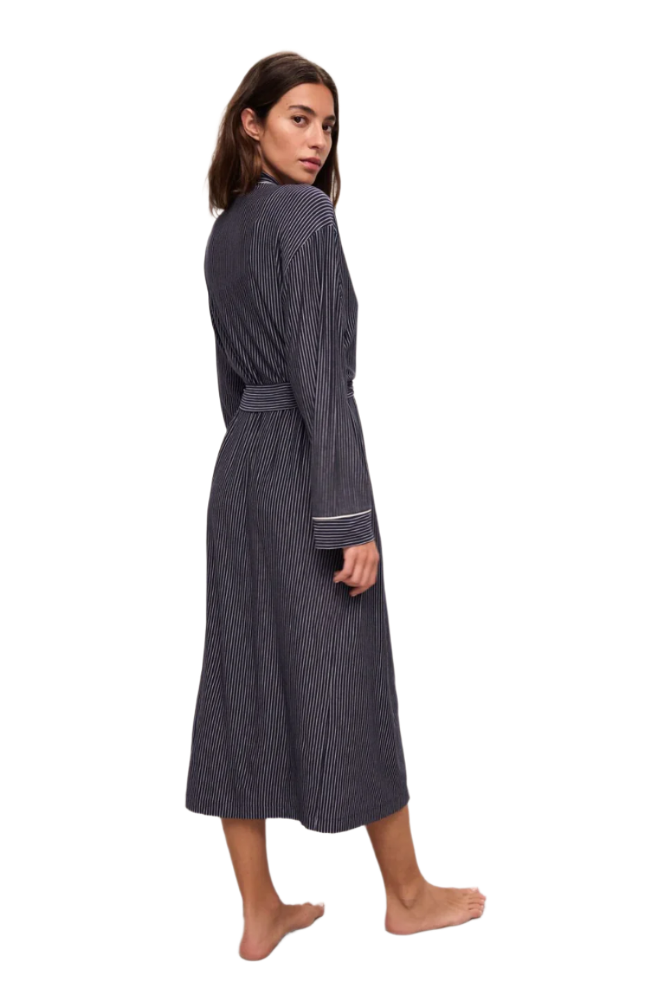 Gisele Printed Long Robe - Duo Stripe True Navy