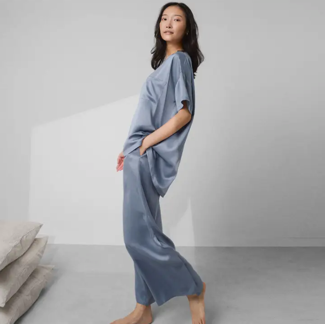 Washable Silk Tee Pant Set - Pastoral Blue