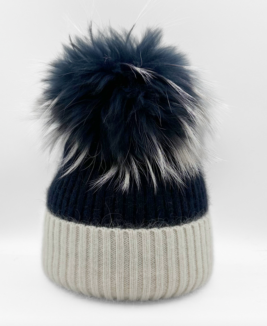 Two-Tone Beanie with Pom | Navy & White