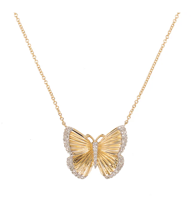 Pleated Diamond Trim Butterfly Necklace