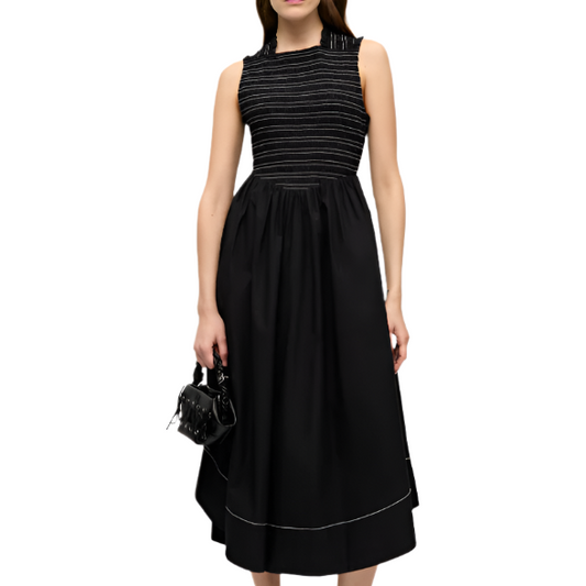 Washed Stretch Cotton Smock Midi Straps Dress