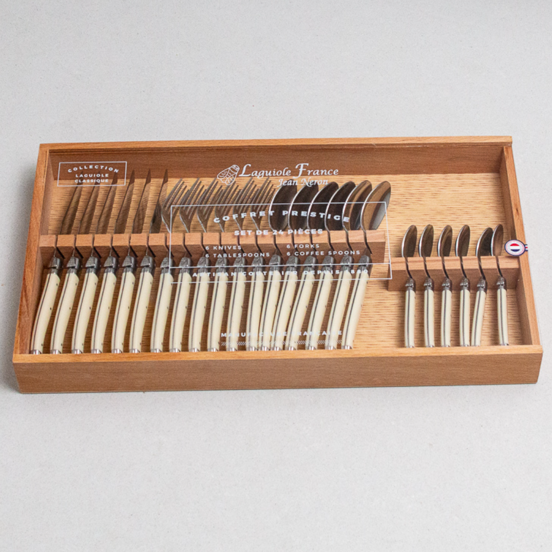 Laguiole 24 Piece Flatware Set - Ivory in Wood Box with Acrylic Lid