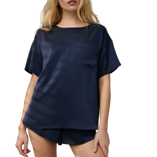 Washable Silk Tee Short Set - Deep Blue