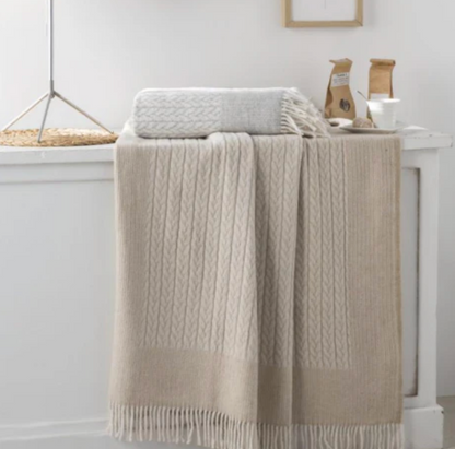 Cable Print Throw with Border and Fringes | Beige