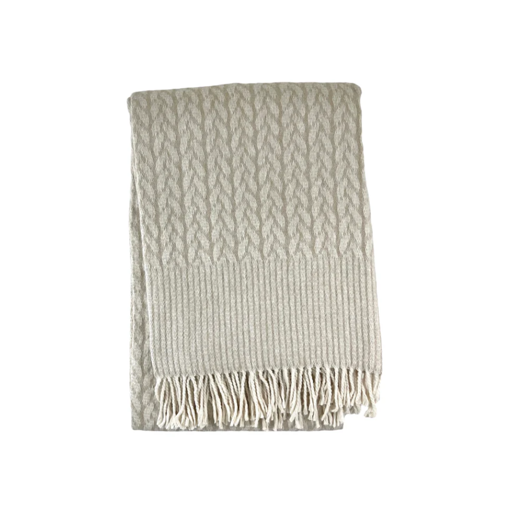 Cable Print Throw with Border and Fringes | Beige