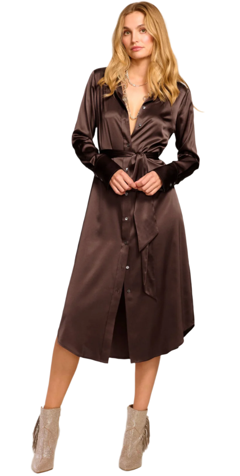 Victoria Silk Button Down Midi Dress - Desert Brown