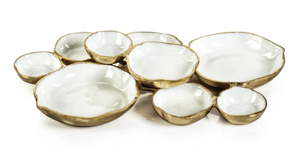 Cluster of Nine Round Serving Bowls - Gold and White