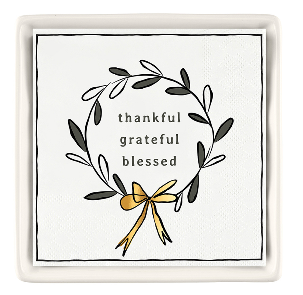 Ceramic Napkin Tray + Napkins - Thankful, Grateful, Blessed
